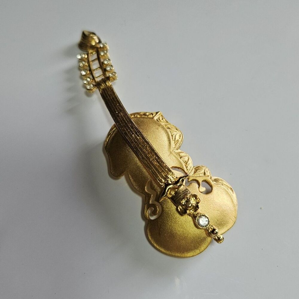 Vintage Tona Brooch Cello Violin Brushed Gold Tone with Rhinestones 3.5" EUC
